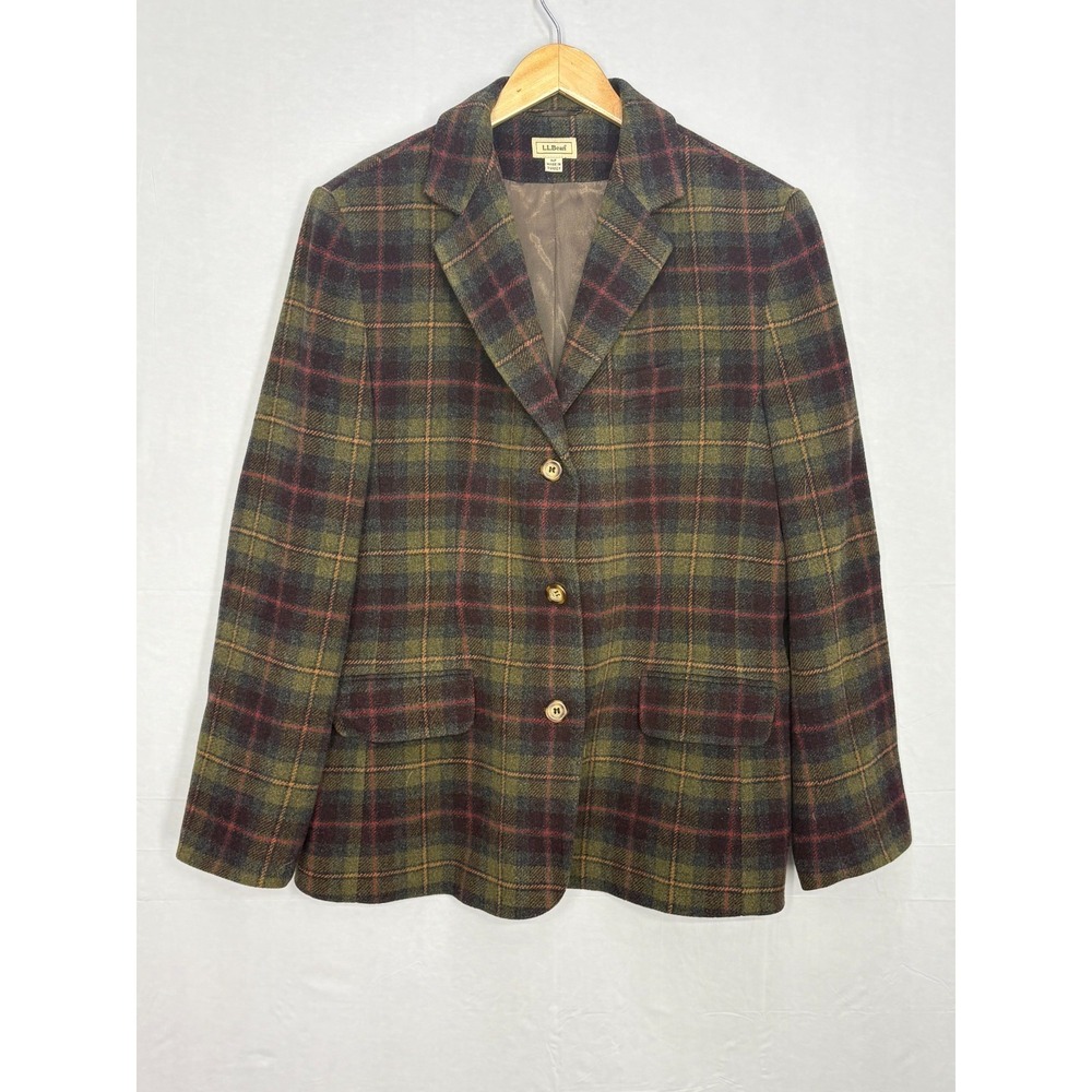 L.L Bean‎ Button Front Blazer Jacket Womens Olive Plaid Notch Lapel Pockets 14P
